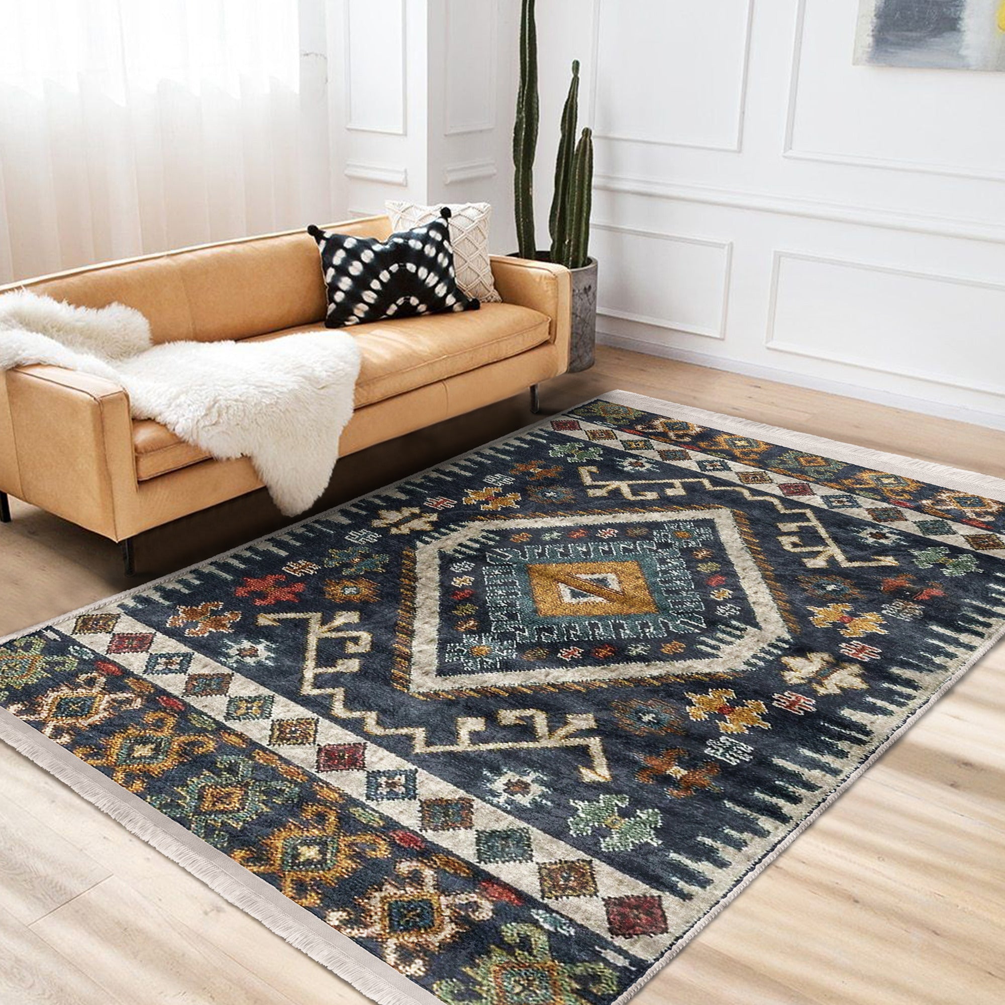 Cozy Home Washable Area Rug with classic pattern and fringes, showcasing plush material and non-slip base.