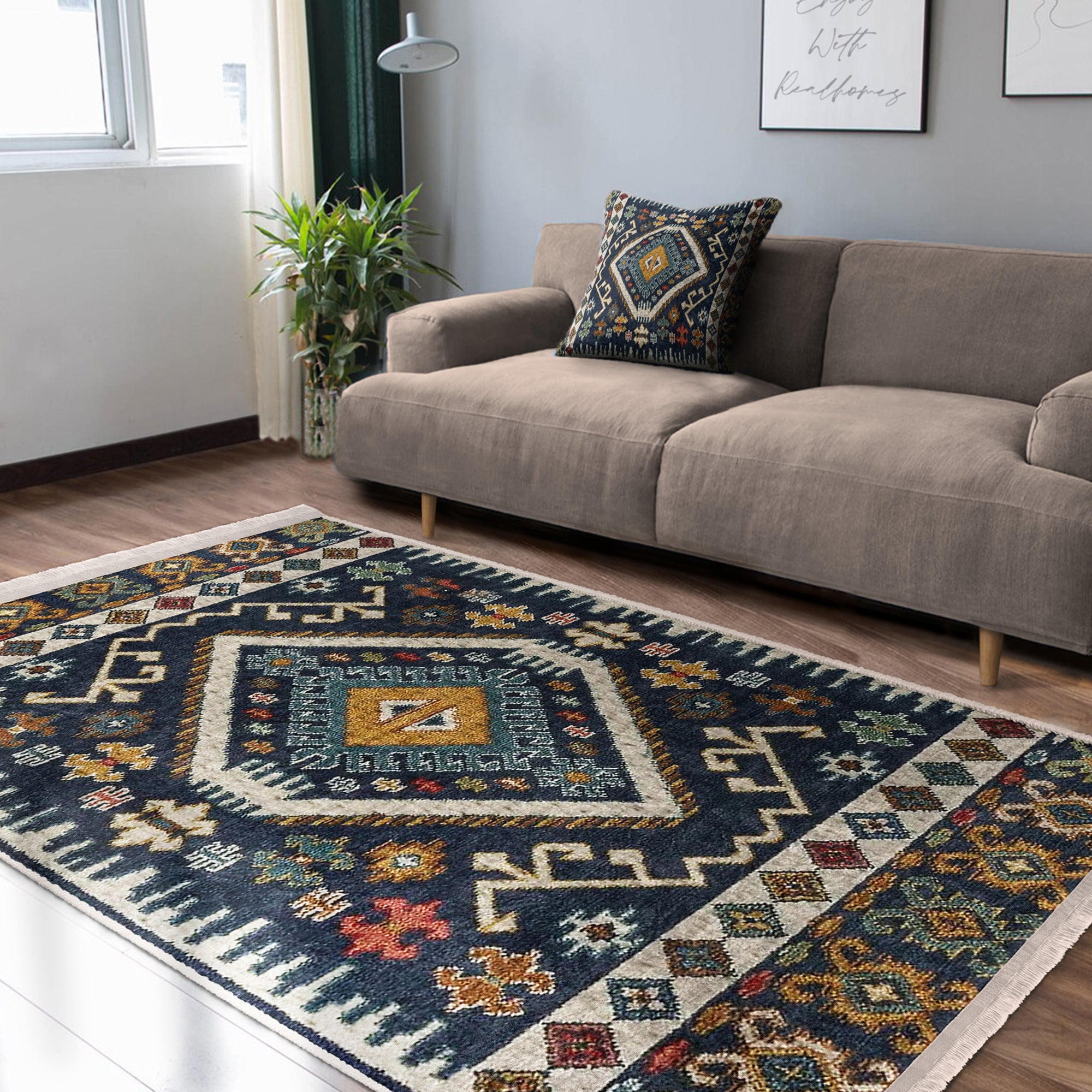 Cozy Home Washable Area Rug with classic pattern and fringes, showcasing plush material and non-slip base.