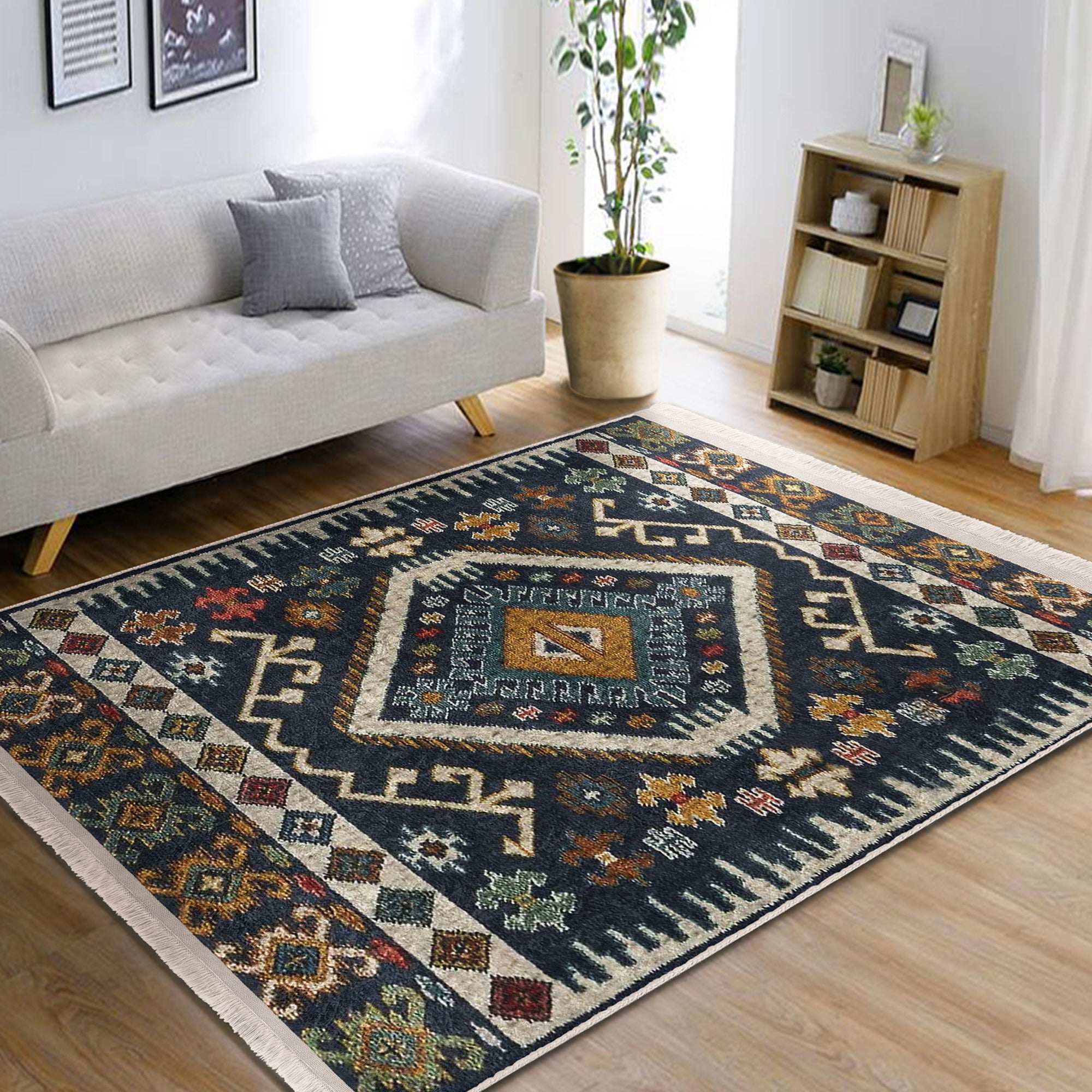 Cozy Home Washable Area Rug with classic pattern and fringes, showcasing plush material and non-slip base.