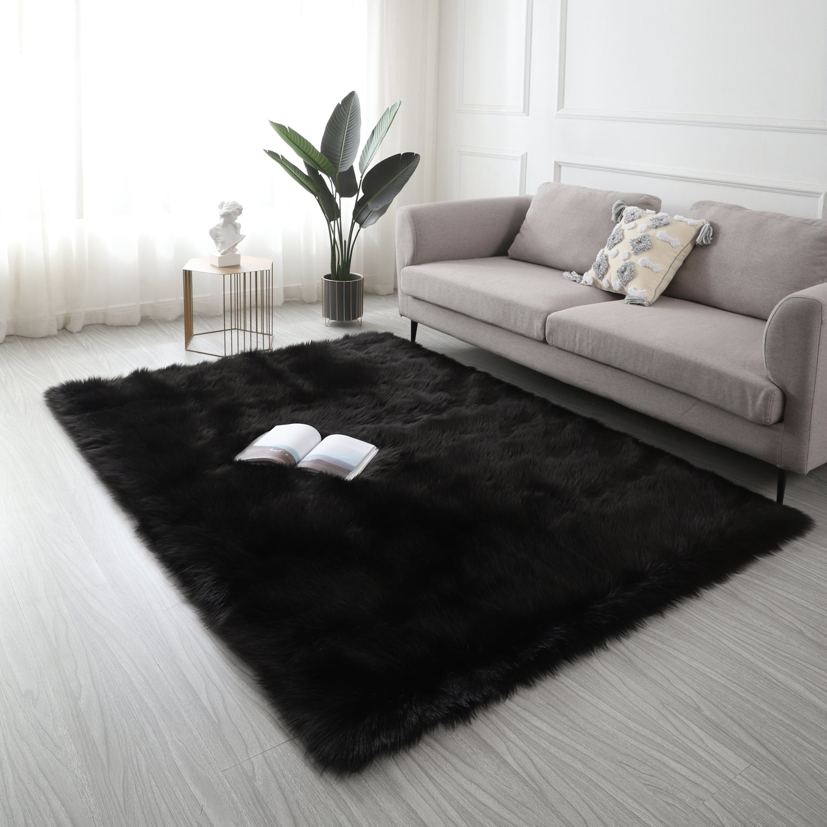 Cozy Ultra Soft Fluffy Faux Fur Black Area Rug showcasing its plush texture and elegant design, perfect for enhancing any living space.