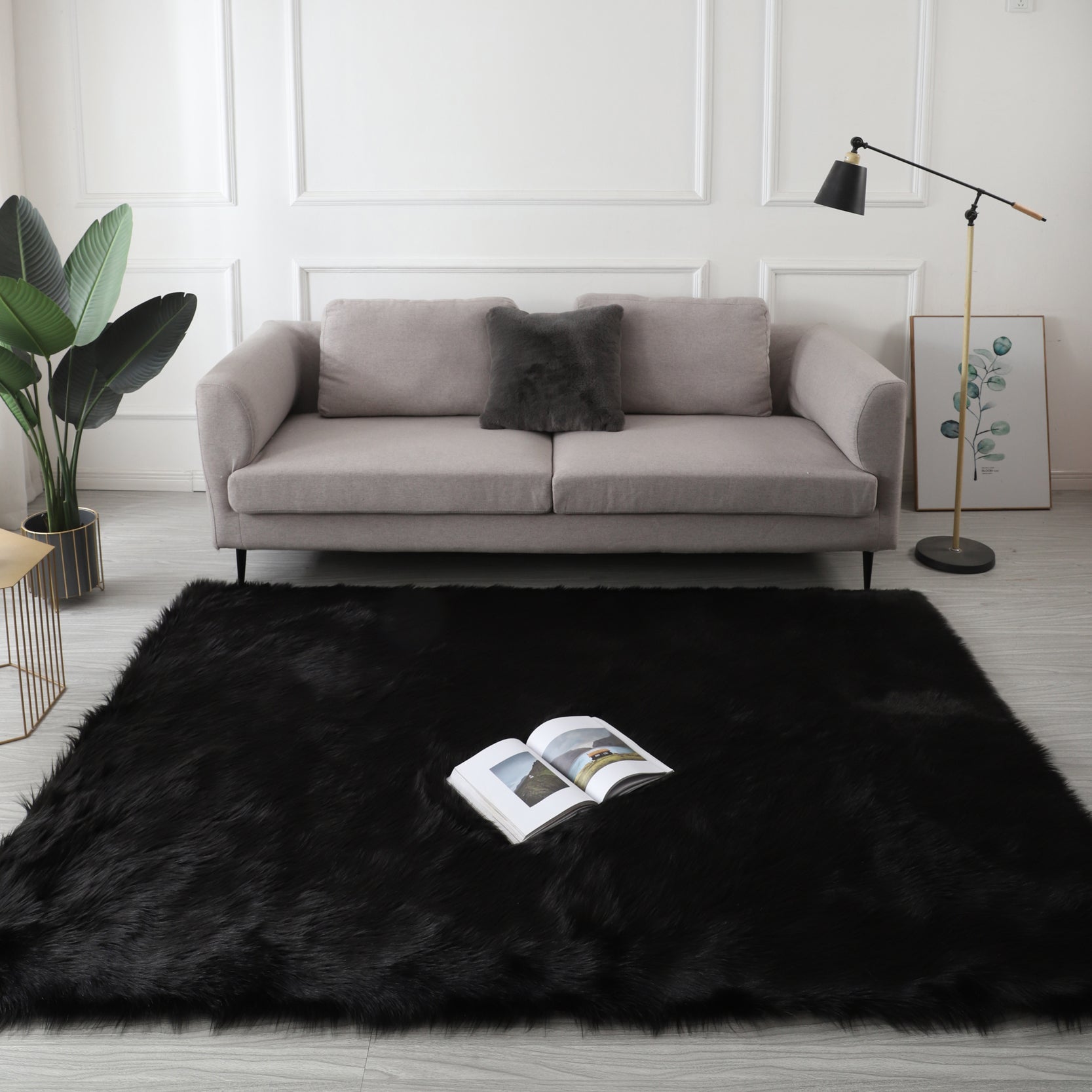 Cozy Ultra Soft Fluffy Faux Fur Black Area Rug showcasing its plush texture and elegant design, perfect for enhancing any living space.