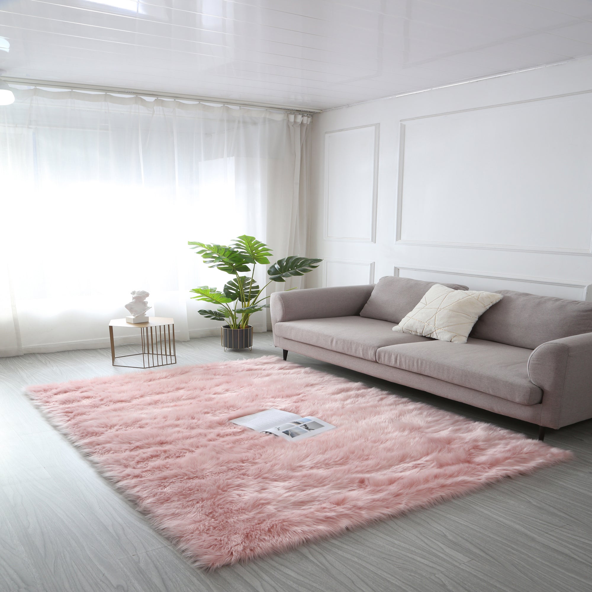 Cozy Ultra Soft Fluffy Faux Fur Pink Area Rug showcasing its plush texture and vibrant color, perfect for enhancing contemporary living spaces.