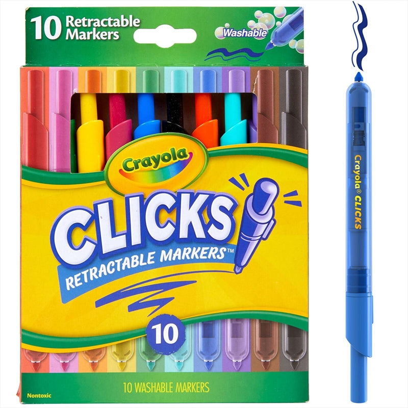 A pack of 10 Crayola Clicks Washable Retractable Markers in assorted colors, showcasing their vibrant tips and retractable design.