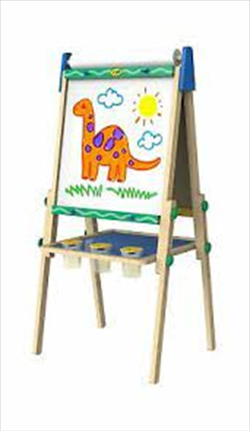 Crayola Wooden Art Easel featuring dual-sided chalkboard and dry erase surfaces, with paper roll and paint pots for kids' creative activities.