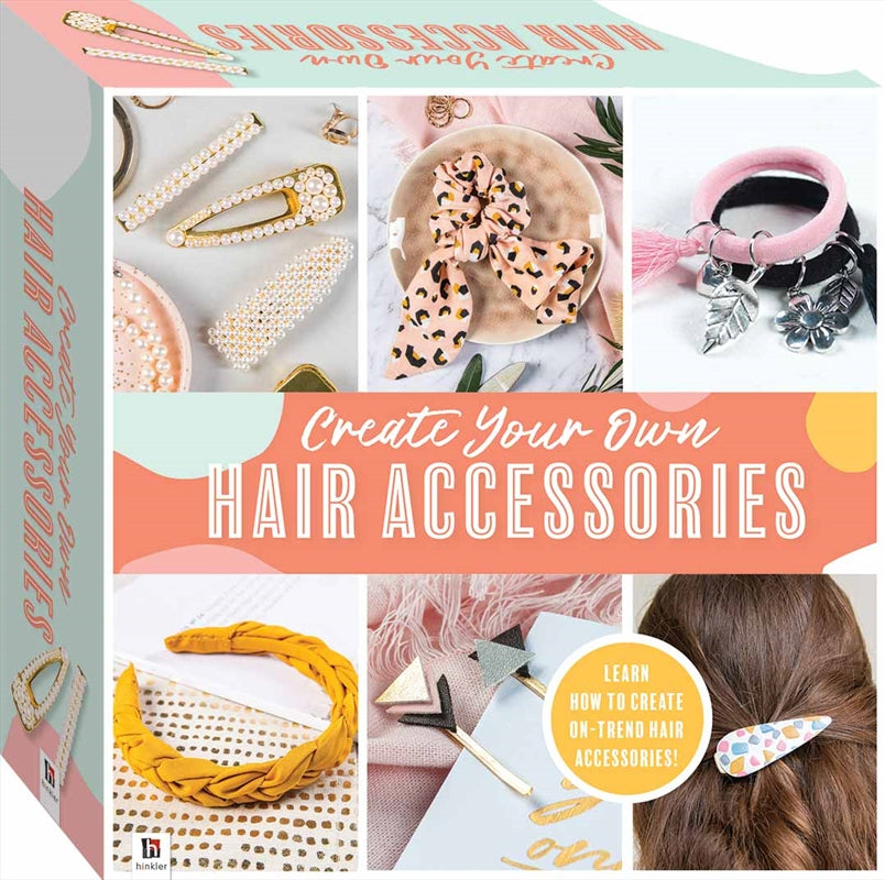 Create Your Own Hair Accessories Kit with various crafting materials including faux leather, bobby pins, pearls, and gems.