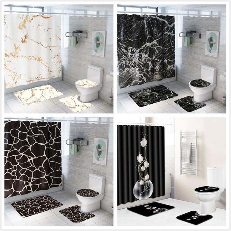 Creative marble printing shower curtain in a modern bathroom setting, showcasing its stylish design and waterproof features.