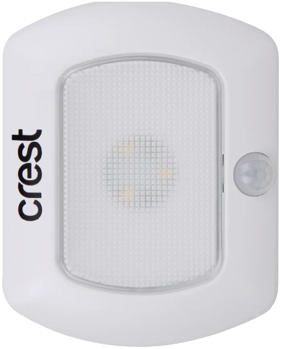 Crest Compact Rechargeable Motion Sensor Light PWL04M in white, showcasing its sleek design and motion sensor feature.