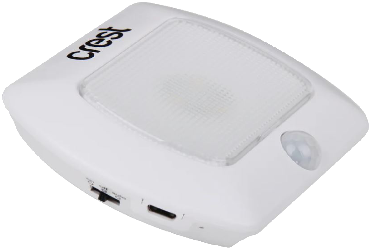 Crest Compact Rechargeable Motion Sensor Light PWL04M in white, showcasing its sleek design and motion sensor feature.