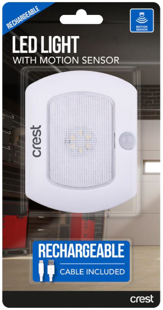 Crest Compact Rechargeable Motion Sensor Light PWL04M in white, showcasing its sleek design and motion sensor feature.