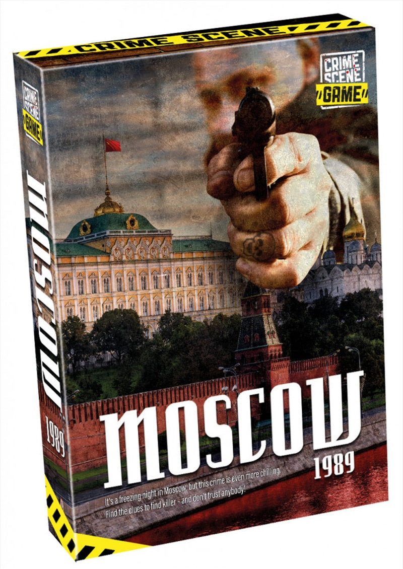 Crime Scene Game Moscow 1989 box featuring a dark, mysterious design with elements of a detective investigation.