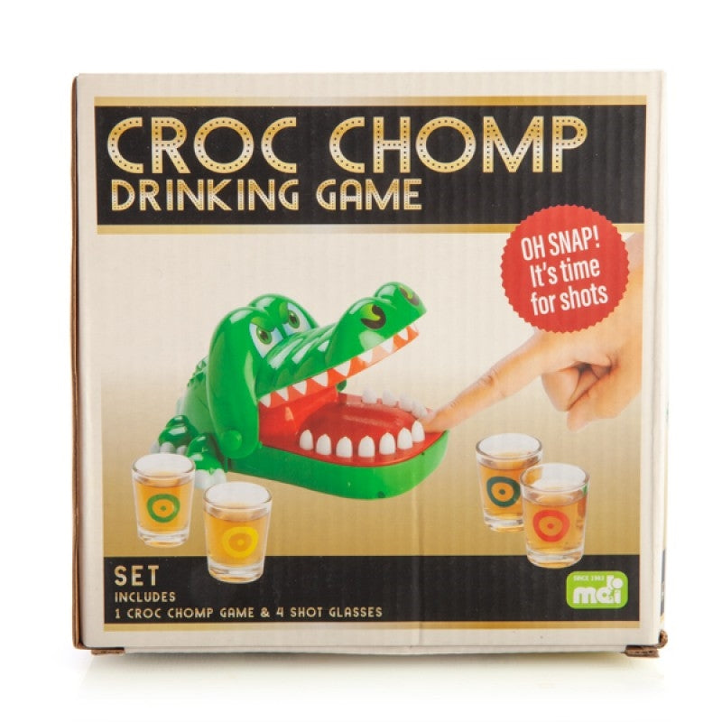 Croc Chomp Drinking Game featuring a snapper croc and four shot glasses, ready for fun and excitement.