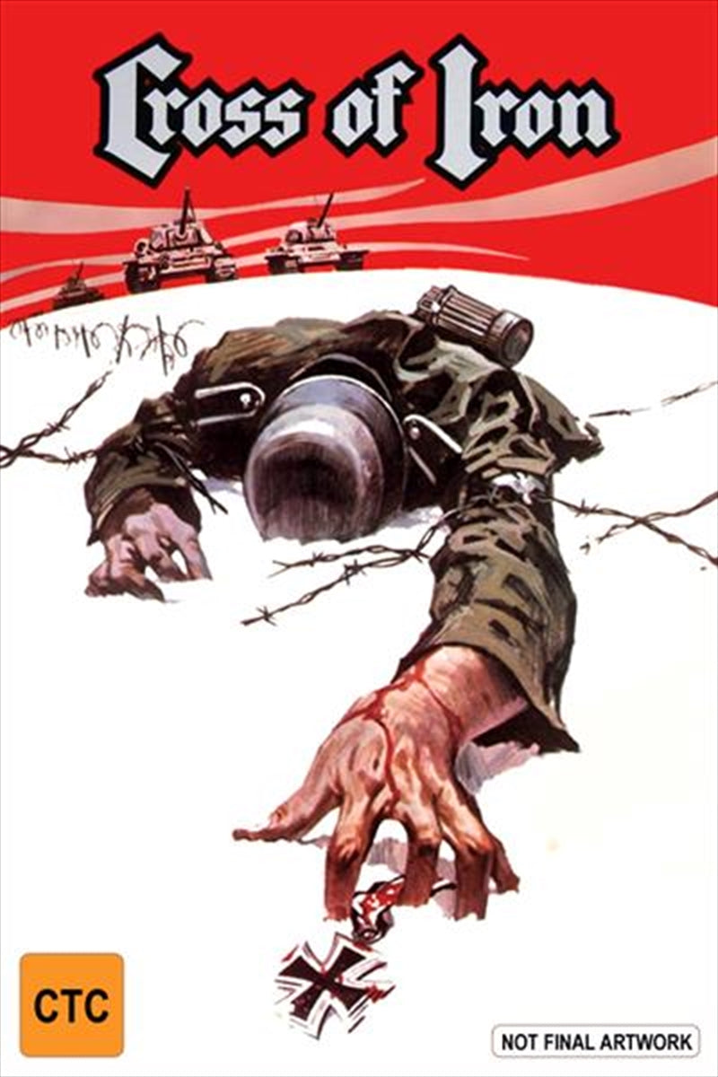 Cover art of 'Cross Of Iron' UHD, featuring intense war imagery and the film's title prominently displayed.