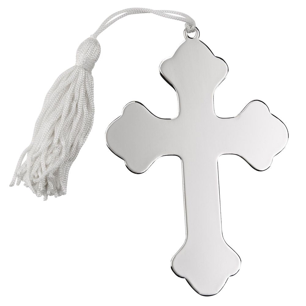 A beautifully crafted cross ornament with a white tassel, featuring a shiny nickel plated finish, measuring 4.5 inches by 3 inches.