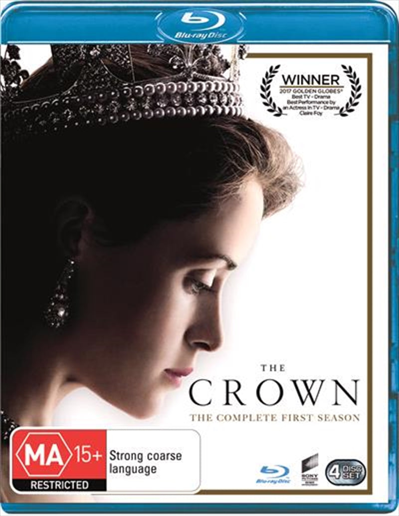 The Crown Season 1 Blu-ray cover featuring Queen Elizabeth II and Winston Churchill.