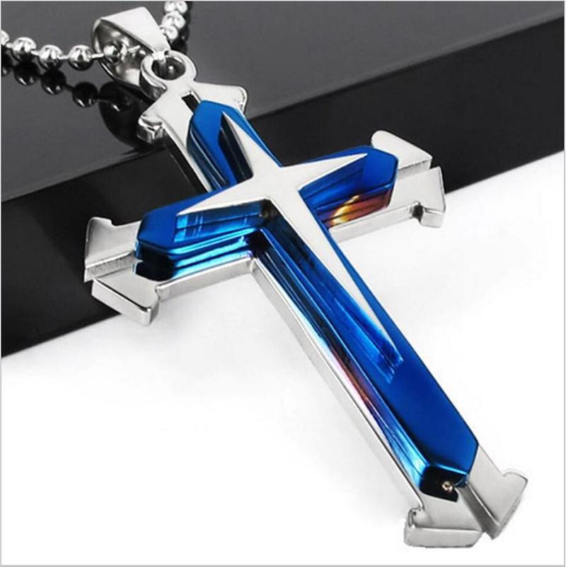 Crucifix Cross Pendant Necklace Bracelet in blue and black gun plating, featuring a stylish cross design on a bead chain.