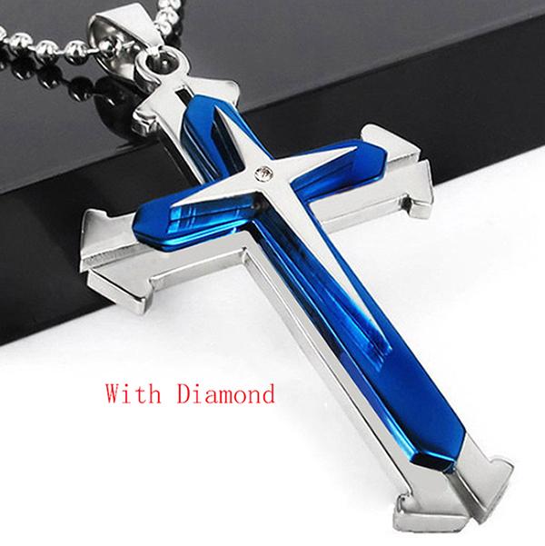 Crucifix Cross Pendant Necklace Bracelet in blue and black gun plating, featuring a stylish cross design on a bead chain.