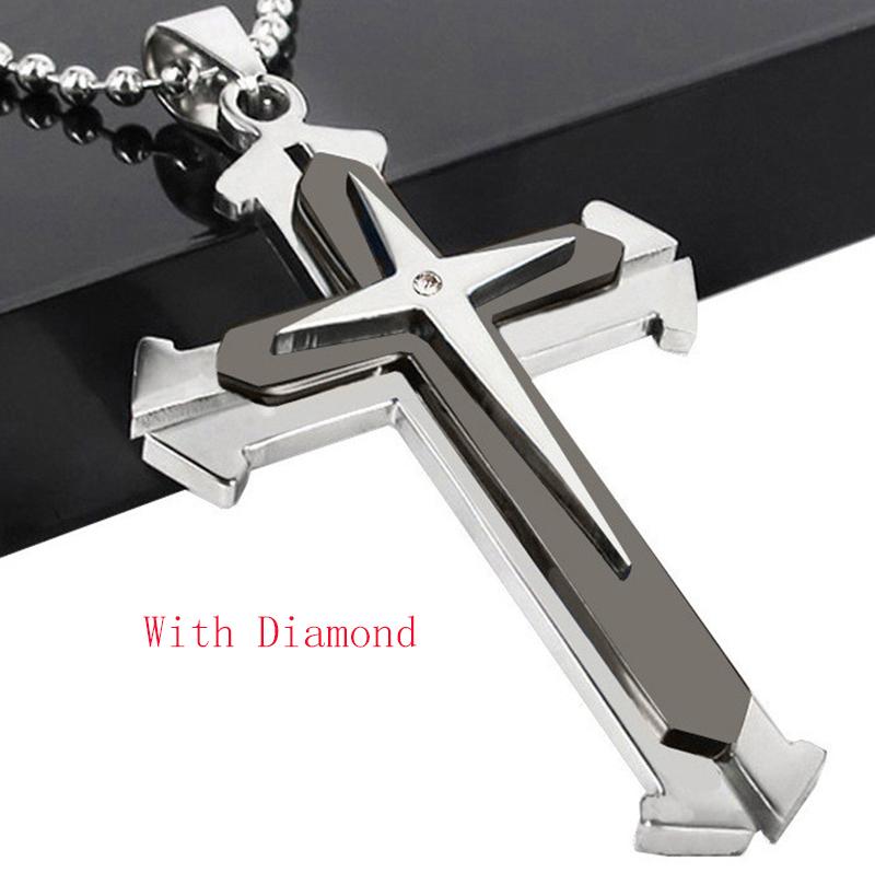 Crucifix Cross Pendant Necklace Bracelet in blue and black gun plating, featuring a stylish cross design on a bead chain.