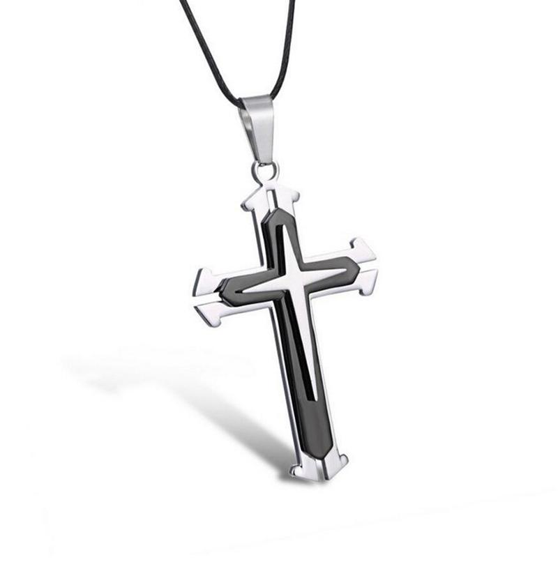 Crucifix Cross Pendant Necklace Bracelet in blue and black gun plating, featuring a stylish cross design on a bead chain.