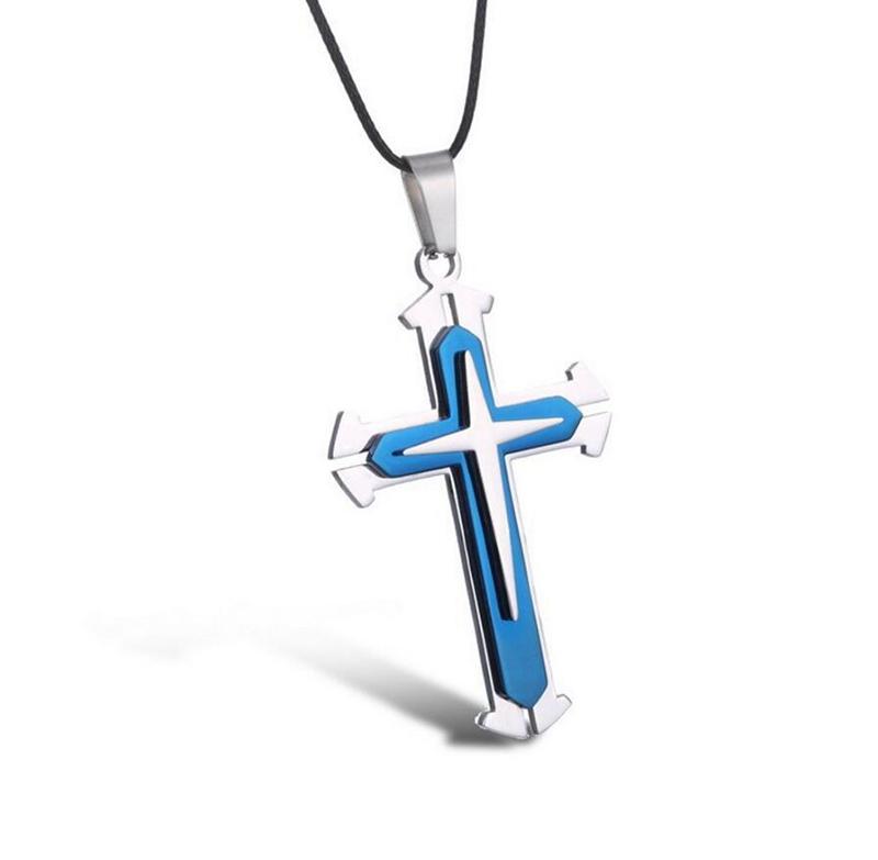 Crucifix Cross Pendant Necklace Bracelet in blue and black gun plating, featuring a stylish cross design on a bead chain.