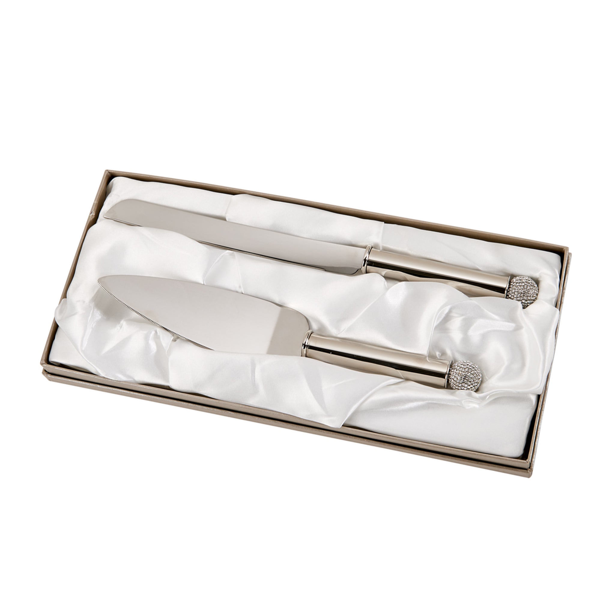 Crystal Ball Knife & Server Set with nickel-plated handles and stainless steel blades, elegantly presented in a cloth-lined silver box.