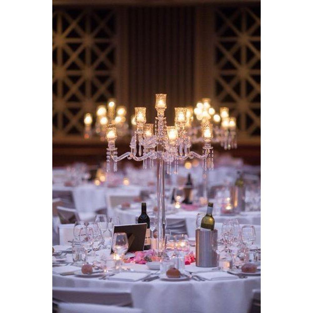 Elegant 9-head crystal candelabra standing 86cm tall, showcasing its intricate design and sparkling finish, perfect for weddings and events.