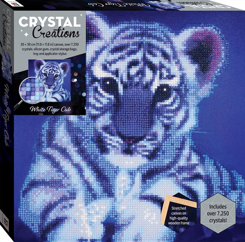 Crystal Creations Canvas featuring a white tiger cub design with sparkling crystals for art creation.