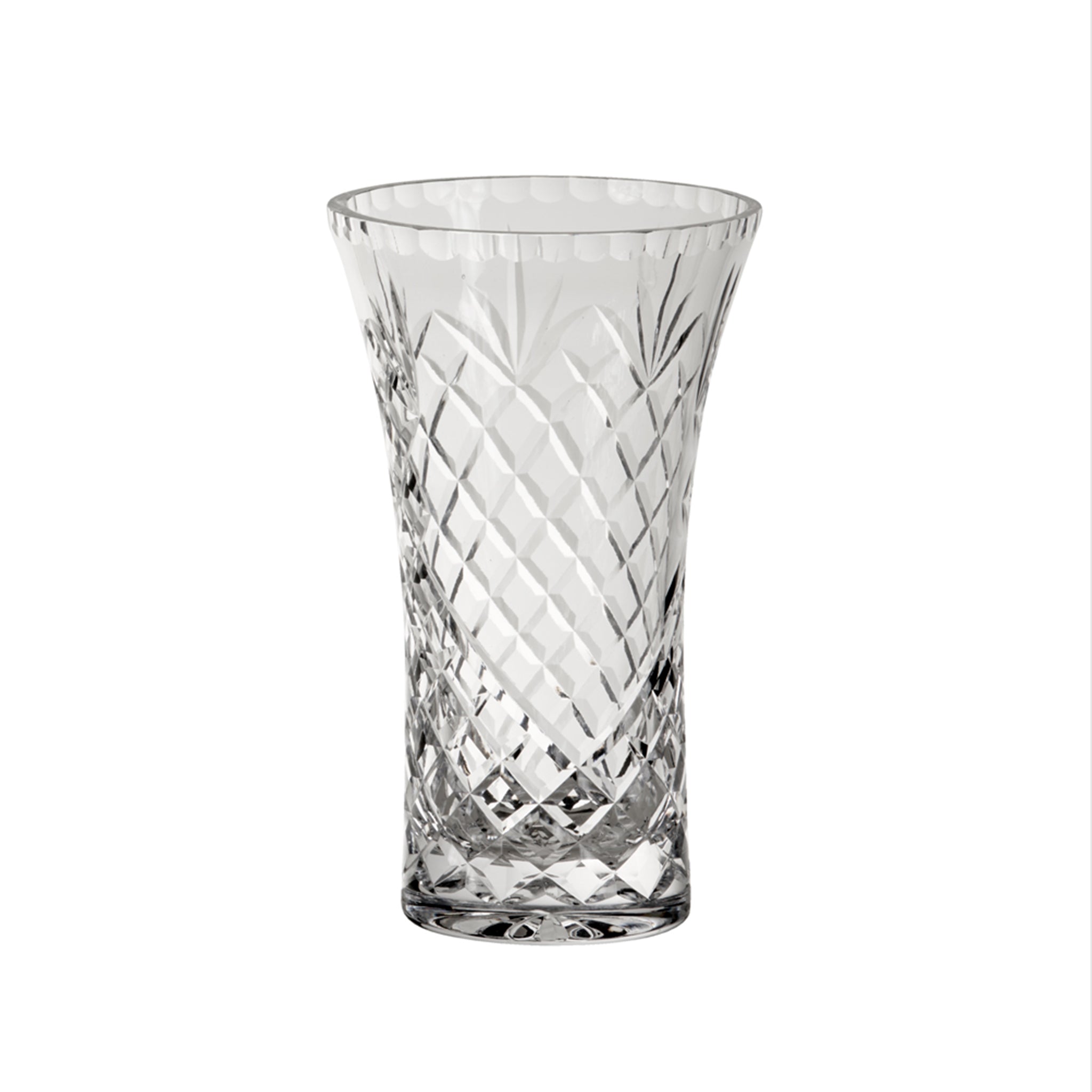 Elegant 7-inch crystal flared vase with Medallion II pattern, showcasing traditional cut design and lead-free clarity.