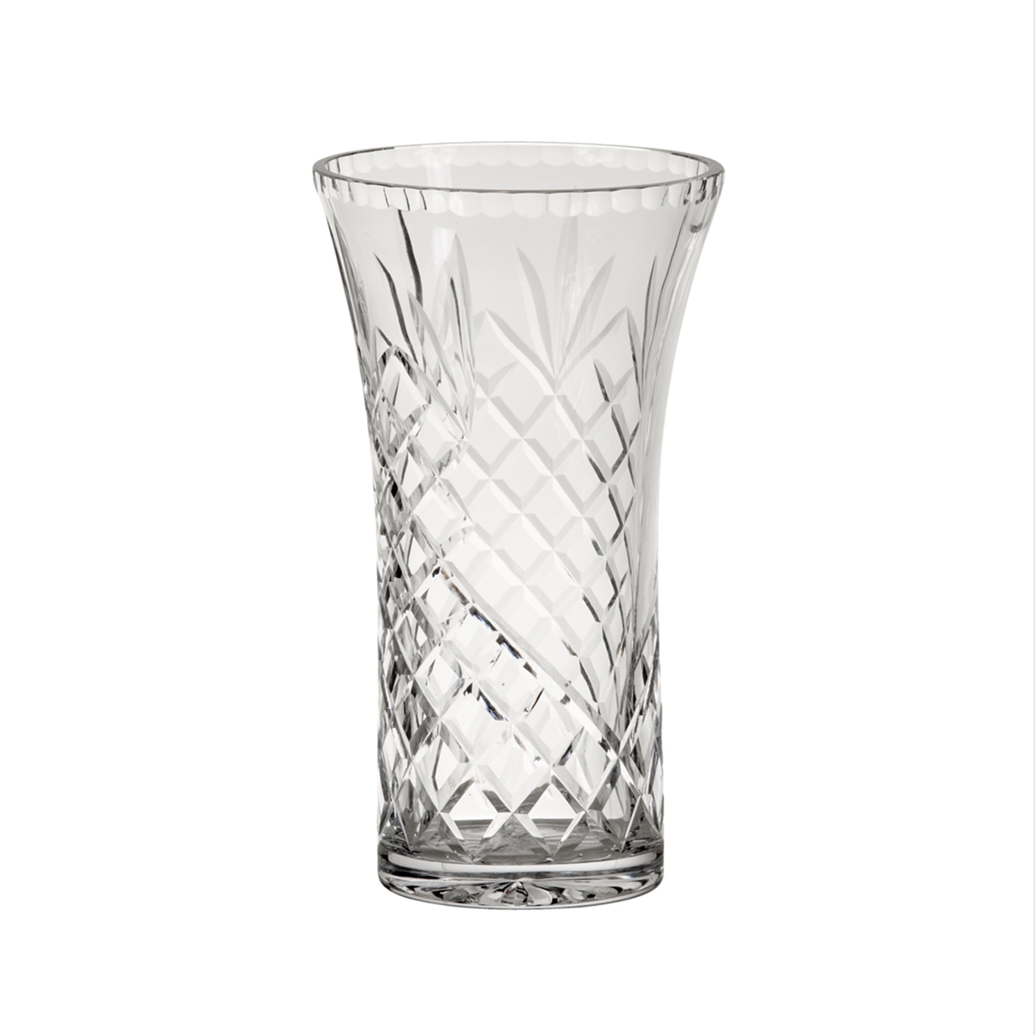 Elegant 8.25-inch flared crystal vase with Medallion II pattern, showcasing intricate cut designs and a lead-free finish.