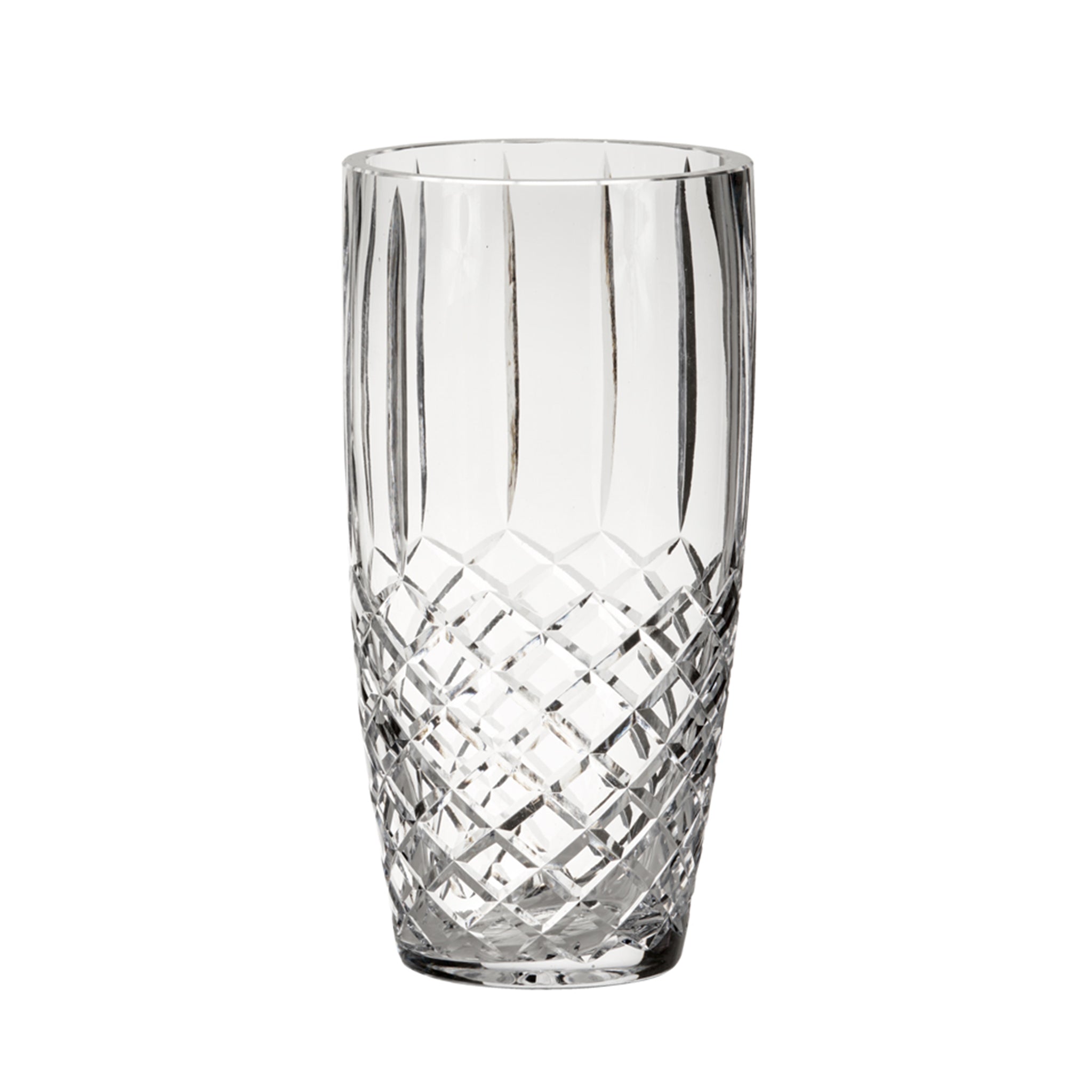 10-inch by 5-inch crystal linear vase with Medallion II pattern, showcasing intricate cut designs and lead-free clarity.