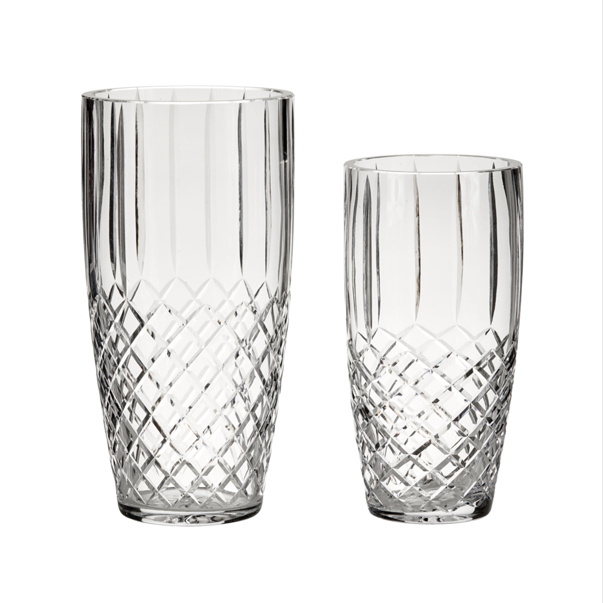 10-inch by 5-inch crystal linear vase with Medallion II pattern, showcasing intricate cut designs and lead-free clarity.