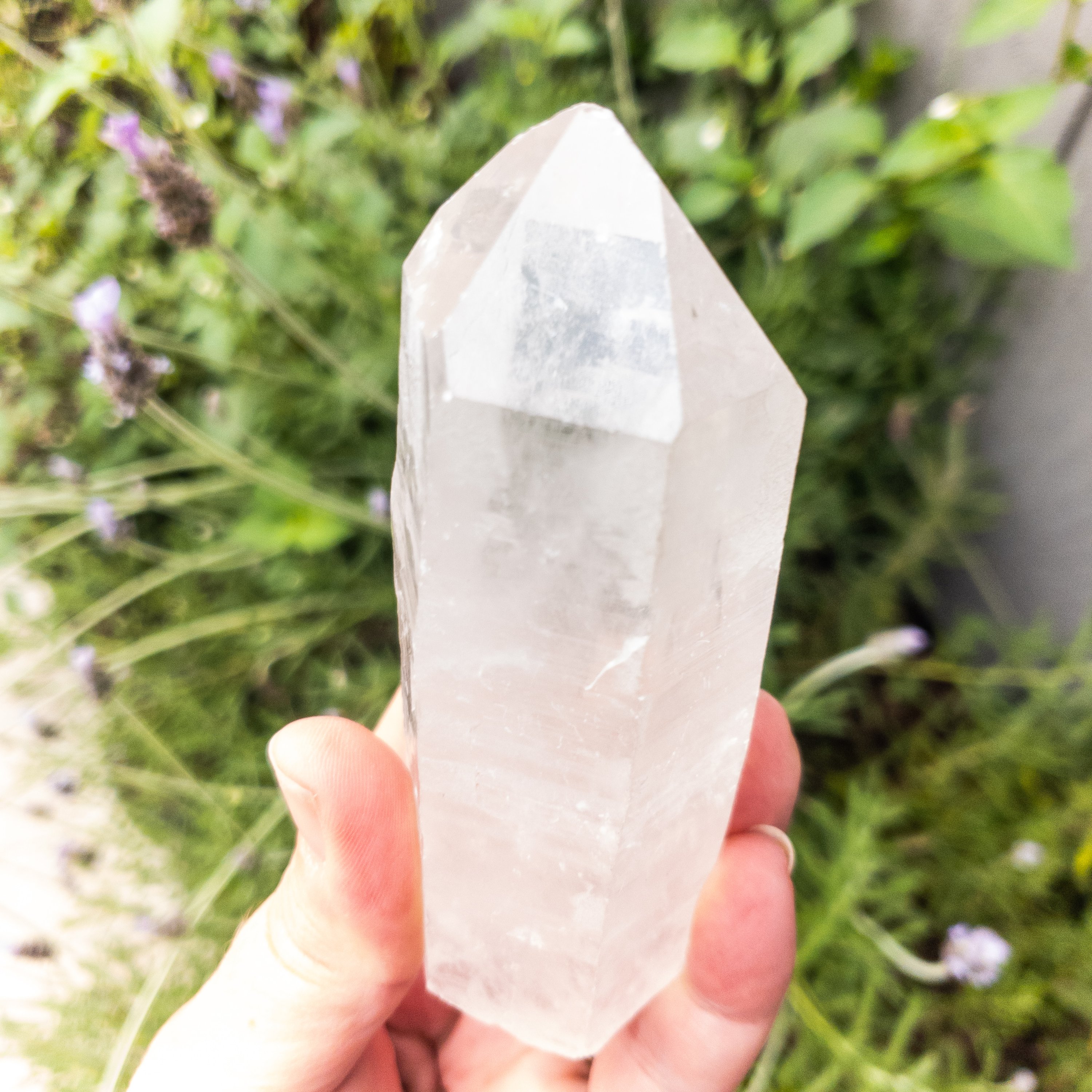 A single 5-inch long Crystal Quartz point, showcasing its clear, sparkling surface and natural shape, ideal for manifestation and cleansing other crystals.