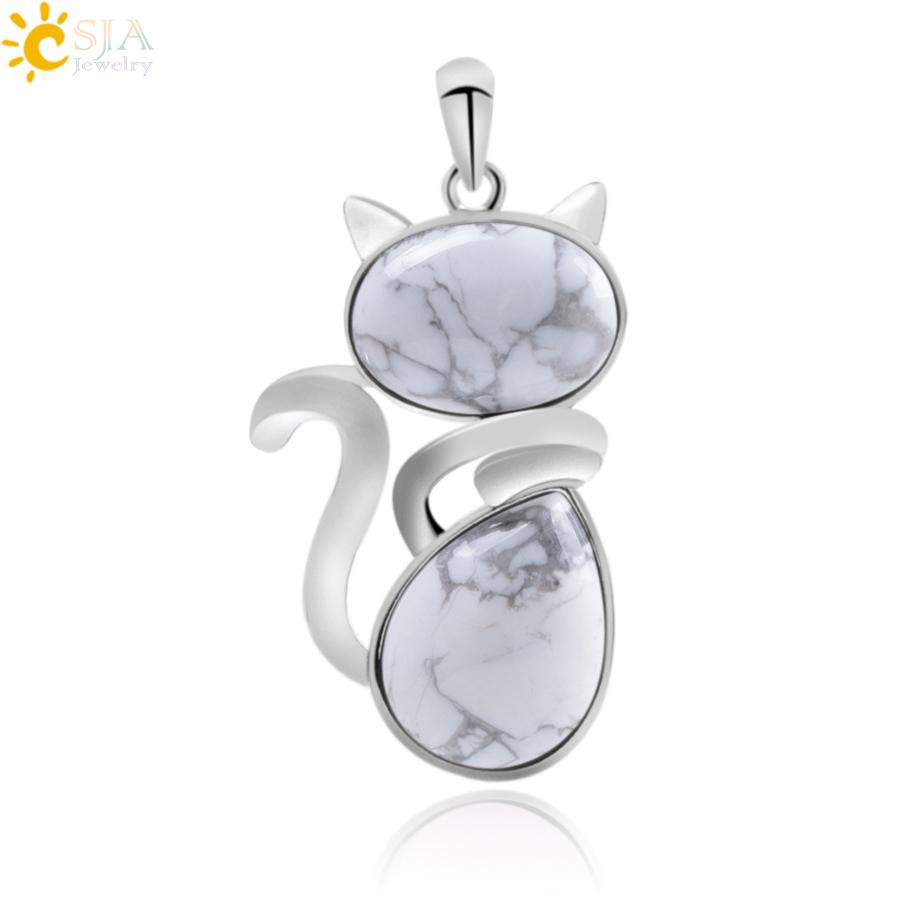 CSJA Kitty Cat Kitten Charms Necklace Pendants featuring natural stones in various colors, perfect for girls and cat lovers.