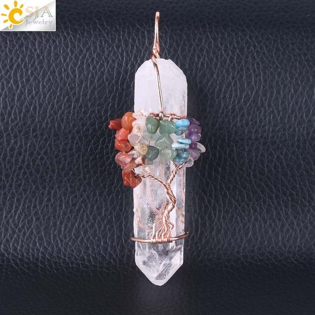 CSJA Men Big Gemstone Pendant featuring natural white crystal quartz with Tree of Life design and 7 chakra beads, rose gold plated.