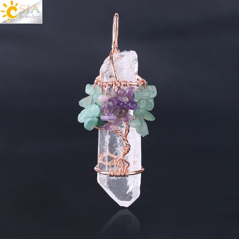 CSJA Men Big Gemstone Pendant featuring natural white crystal quartz with Tree of Life design and 7 chakra beads, rose gold plated.