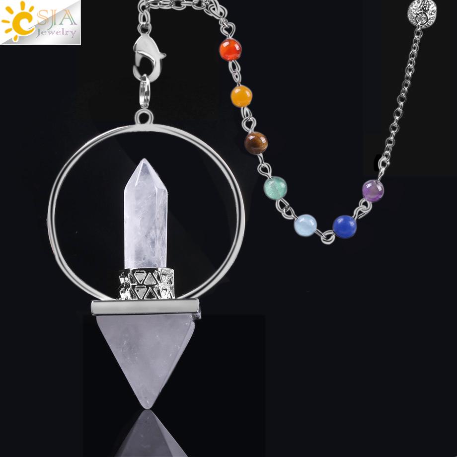 CSJA Natural Stone Crystal Reiki 7 Chakra Amulet Pendant featuring Amethyst, White Quartz, Obsidian, and Rose Quartz with a platinum plated chain.