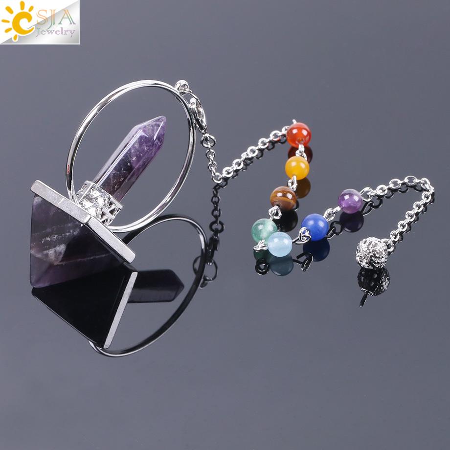 CSJA Natural Stone Crystal Reiki 7 Chakra Amulet Pendant featuring Amethyst, White Quartz, Obsidian, and Rose Quartz with a platinum plated chain.