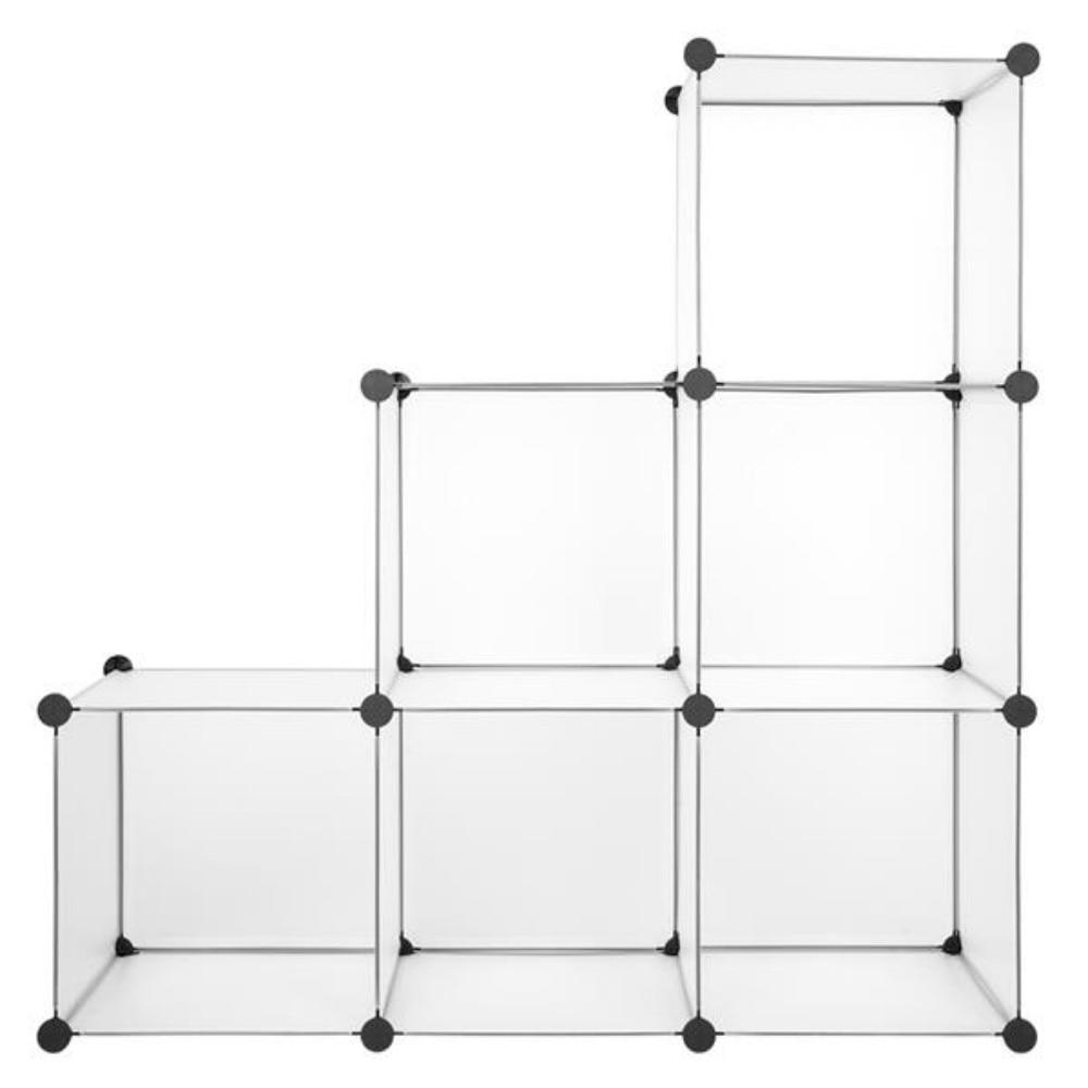 Cube Storage Unit Organizer with six stackable white cubes, ideal for shoes and sundries, showcasing a modern design.