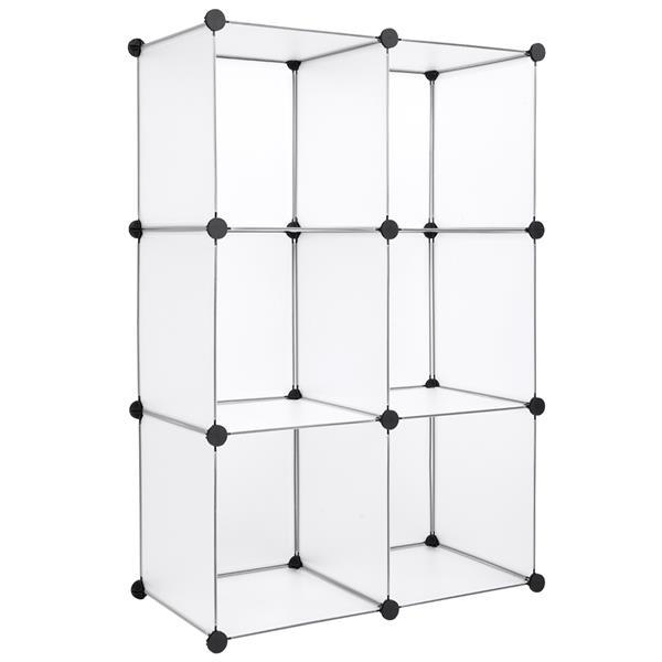 Cube Storage Unit Organizer with six stackable white cubes, ideal for shoes and sundries, showcasing a modern design.