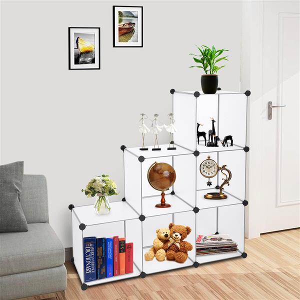 Cube Storage Unit Organizer with six stackable white cubes, ideal for shoes and sundries, showcasing a modern design.