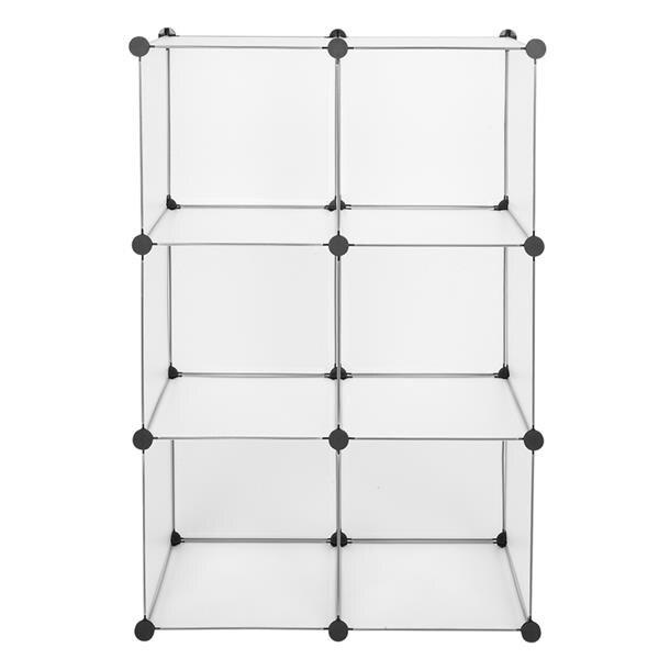 Cube Storage Unit Organizer with six stackable white cubes, ideal for shoes and sundries, showcasing a modern design.