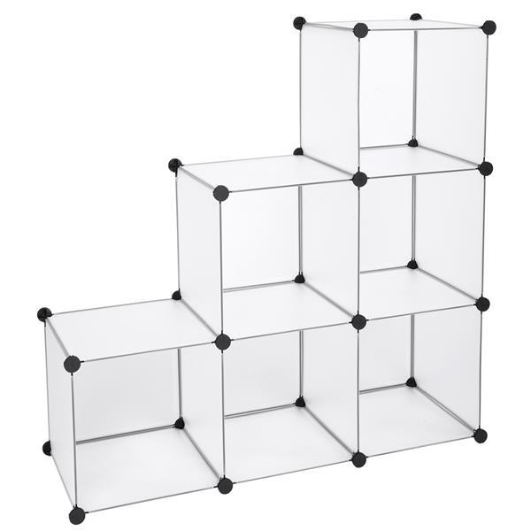 Cube Storage Unit Organizer with six stackable white cubes, ideal for shoes and sundries, showcasing a modern design.