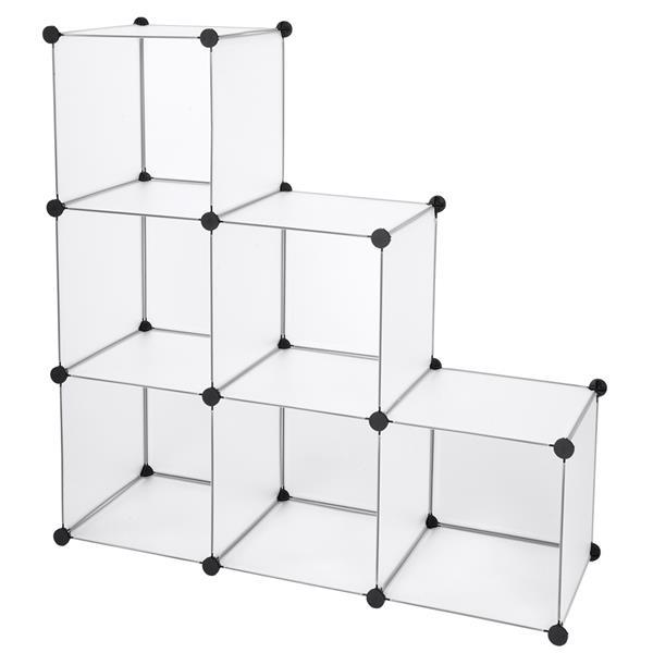 Cube Storage Unit Organizer with six stackable white cubes, ideal for shoes and sundries, showcasing a modern design.