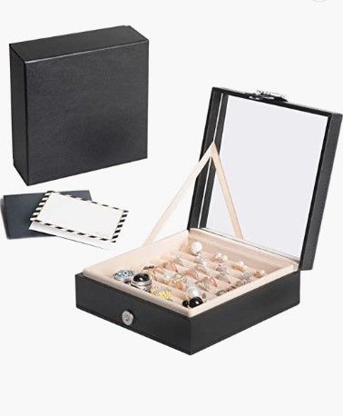 Cubic Buckle Ring Organizer featuring 9 slots, integrated mirror, and luxurious velvet interior.