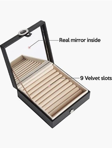 Cubic Buckle Ring Organizer featuring 9 slots, integrated mirror, and luxurious velvet interior.