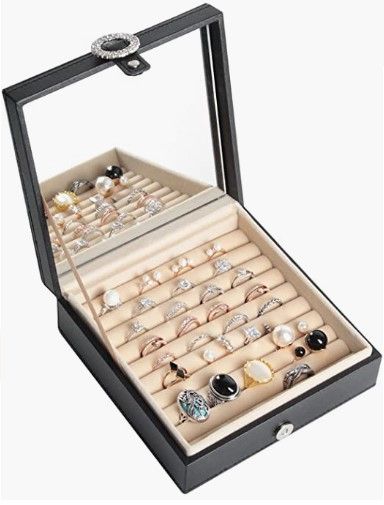 Cubic Buckle Ring Organizer featuring 9 slots, integrated mirror, and luxurious velvet interior.