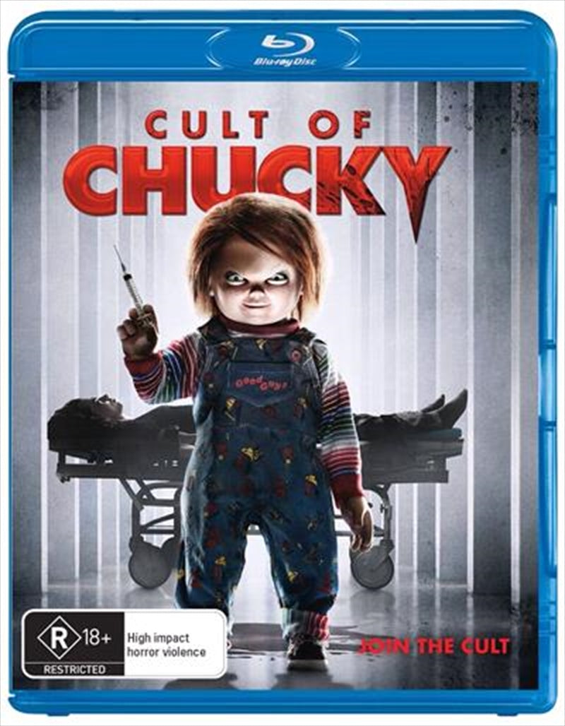 Cult Of Chucky Blu-ray cover featuring Nica Pierce and Chucky doll in a dark, eerie setting.