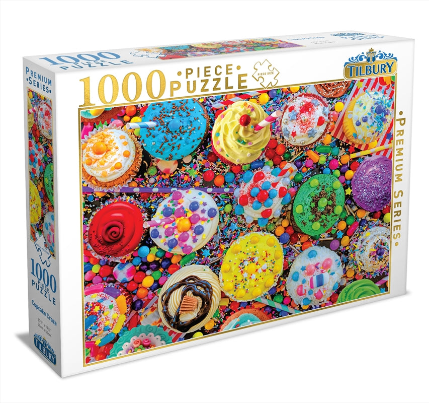 A vibrant 1000 piece puzzle featuring colorful cupcakes, showcasing intricate details and a fun design.