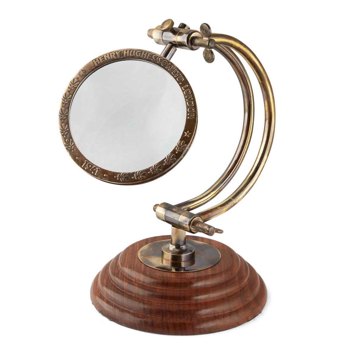 Curved Arm 100mm Desk Magnifying Glass with antique brass finish and wooden base, showcasing its elegant design.