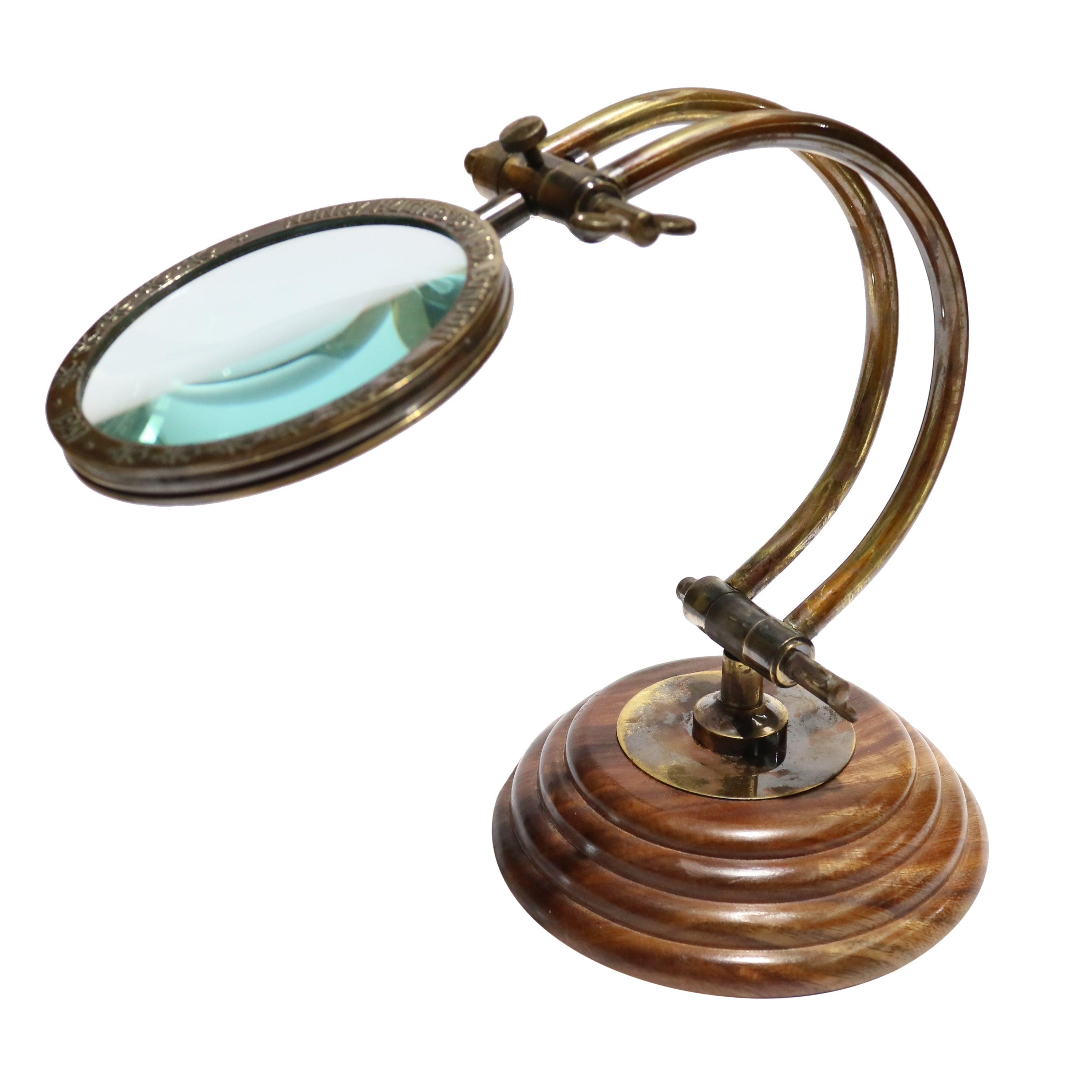 Curved Arm 100mm Desk Magnifying Glass with antique brass finish and wooden base, showcasing its elegant design.