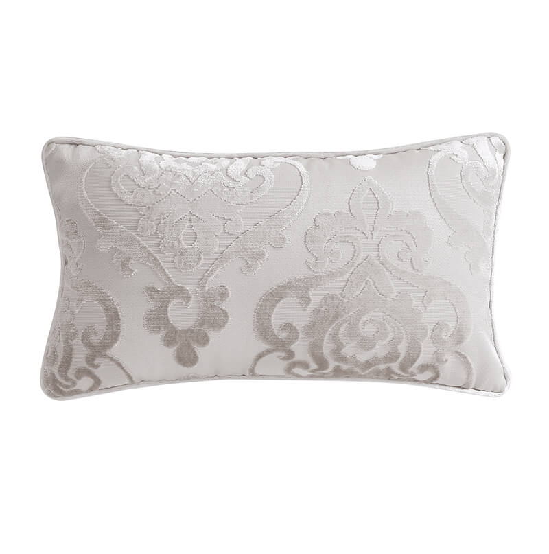 Cut Velvet Fretwork Print White Lumbar Pillow showcasing elegant design and plush texture, perfect for home decor.